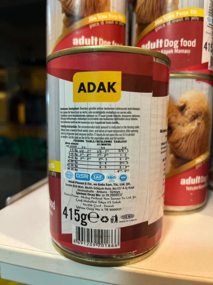 Adak Sığır Etli Köpek Konserve Mama 415*15
