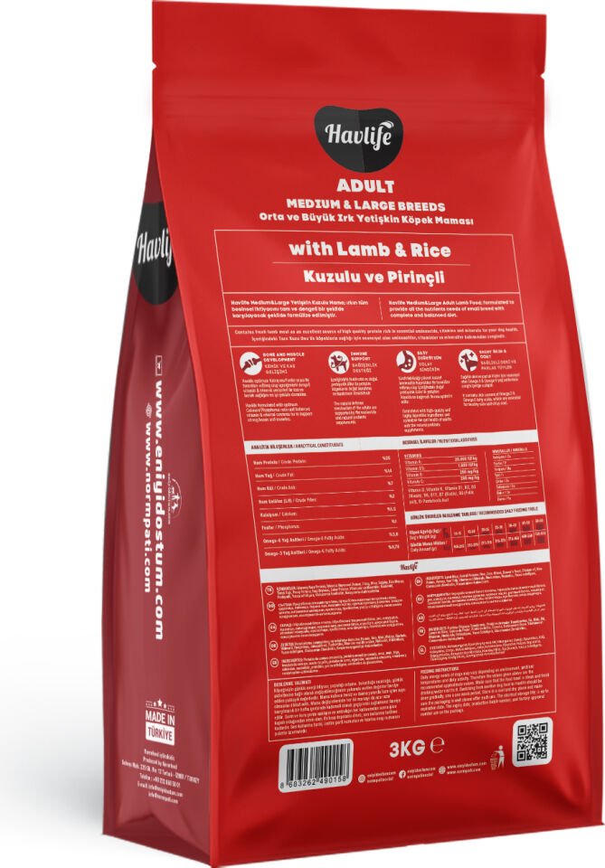 Havlife Kuzulu ve Pirinçli Orta ve Büyük Irk Yetişkin Köpek Maması 3kg