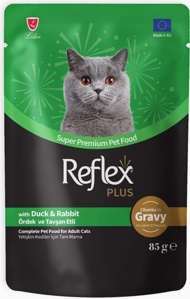 Reflex Plus Sos Içinde Et Parçacıklı Ördekli ve Tavşanlı Yetişkin Kedi Maması 85 gr
