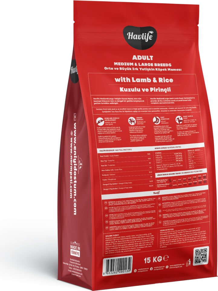 Havlife Kuzulu ve Pirinçli Orta ve Büyük Irk Yetişkin Köpek Maması 15KG